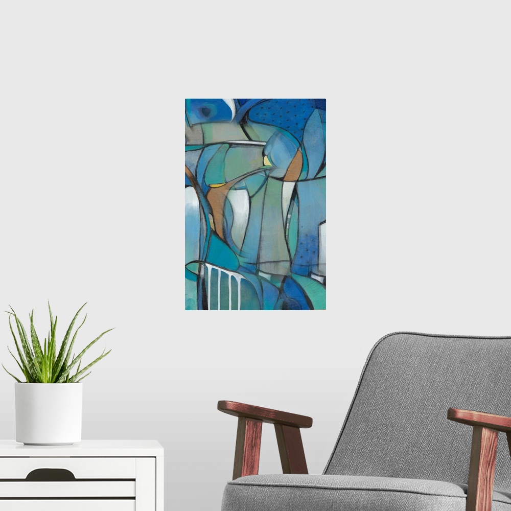 A modern room featuring Large abstract painting created with shades of blue and white with accents of gold and yellow in ...