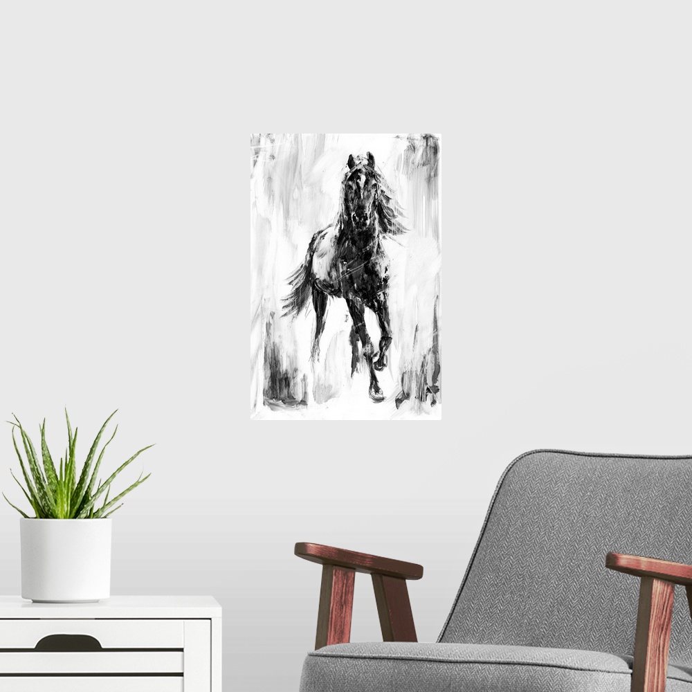 A modern room featuring Black and white artwork of a galloping dark horse.