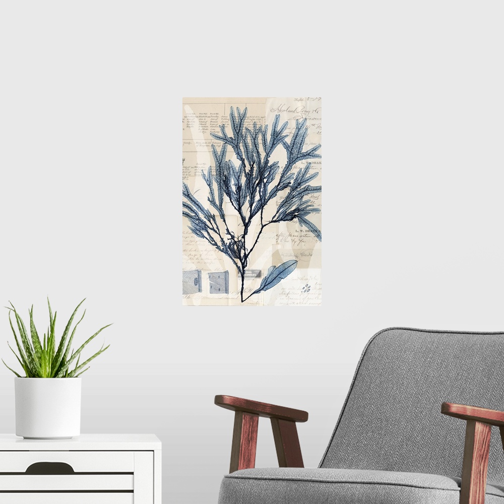 A modern room featuring Indigo illustration of seaweed on old papers with handwritten text.