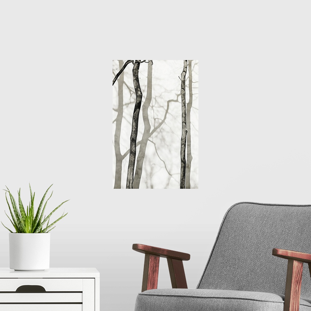 A modern room featuring Shadowed Tree Trunks II