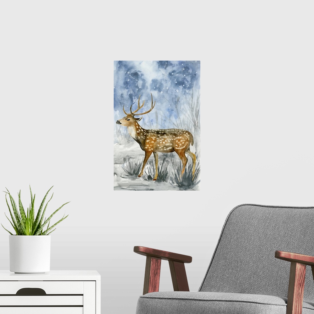 A modern room featuring Contemporary watercolor painting of an elk walking outside on a snowy night.
