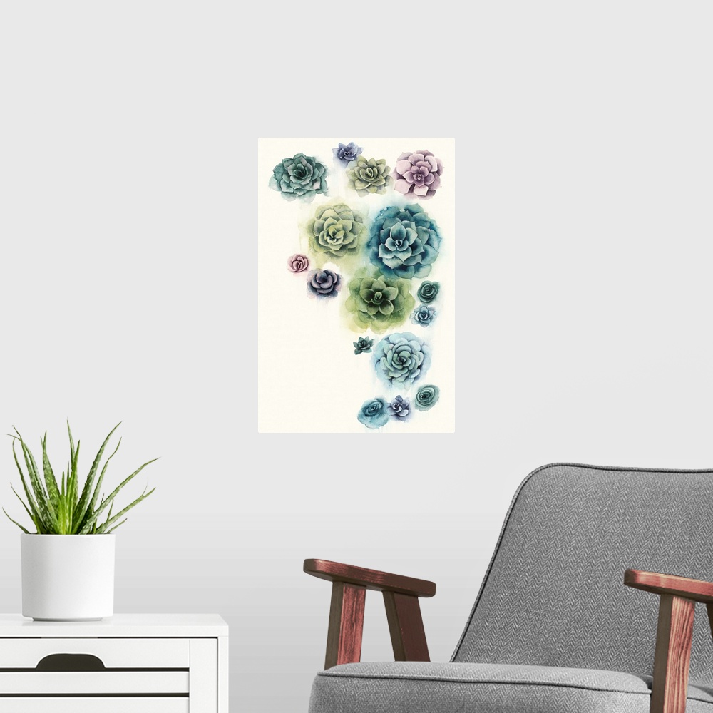 A modern room featuring Contemporary artwork of a grouping of succulent plants using a monochromatic color scheme.