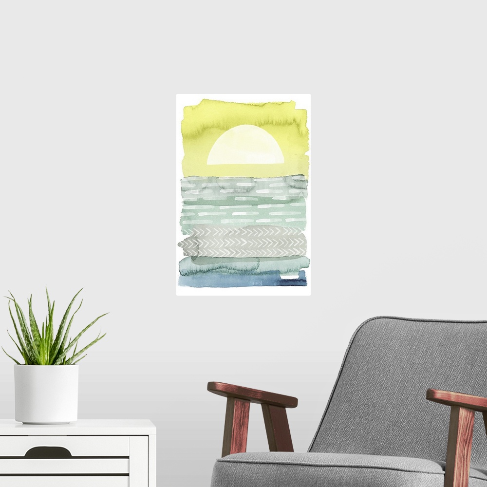 A modern room featuring Abstract interpretation of of seascape made with watercolor.