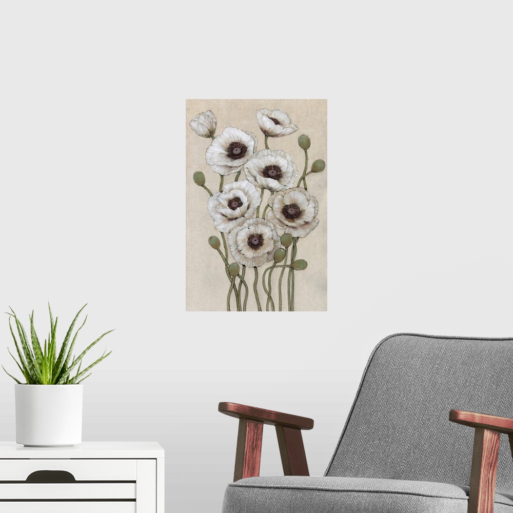 A modern room featuring Tall White Poppies I