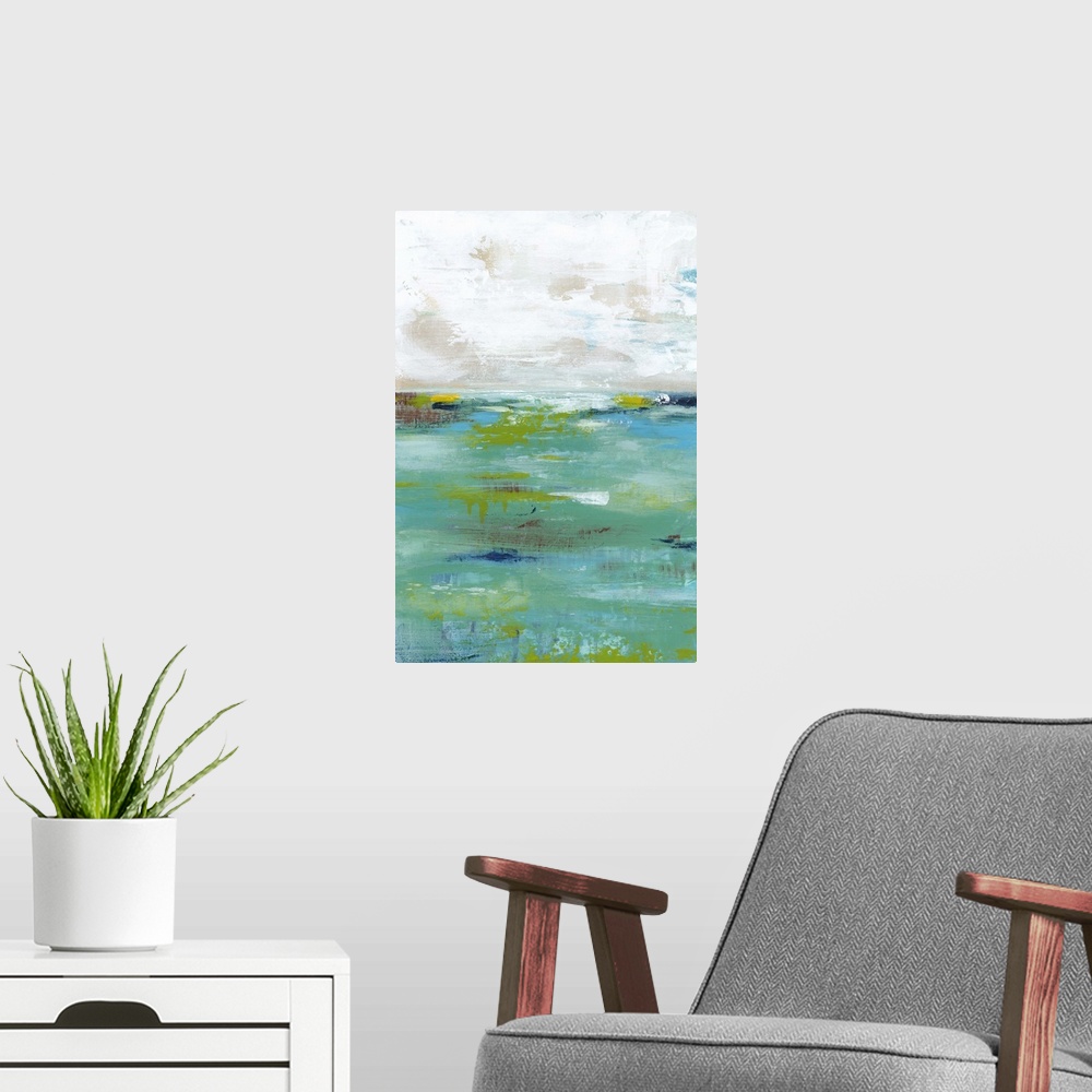 A modern room featuring Abstract painting resembling a body of water meeting the sky at the horizon.