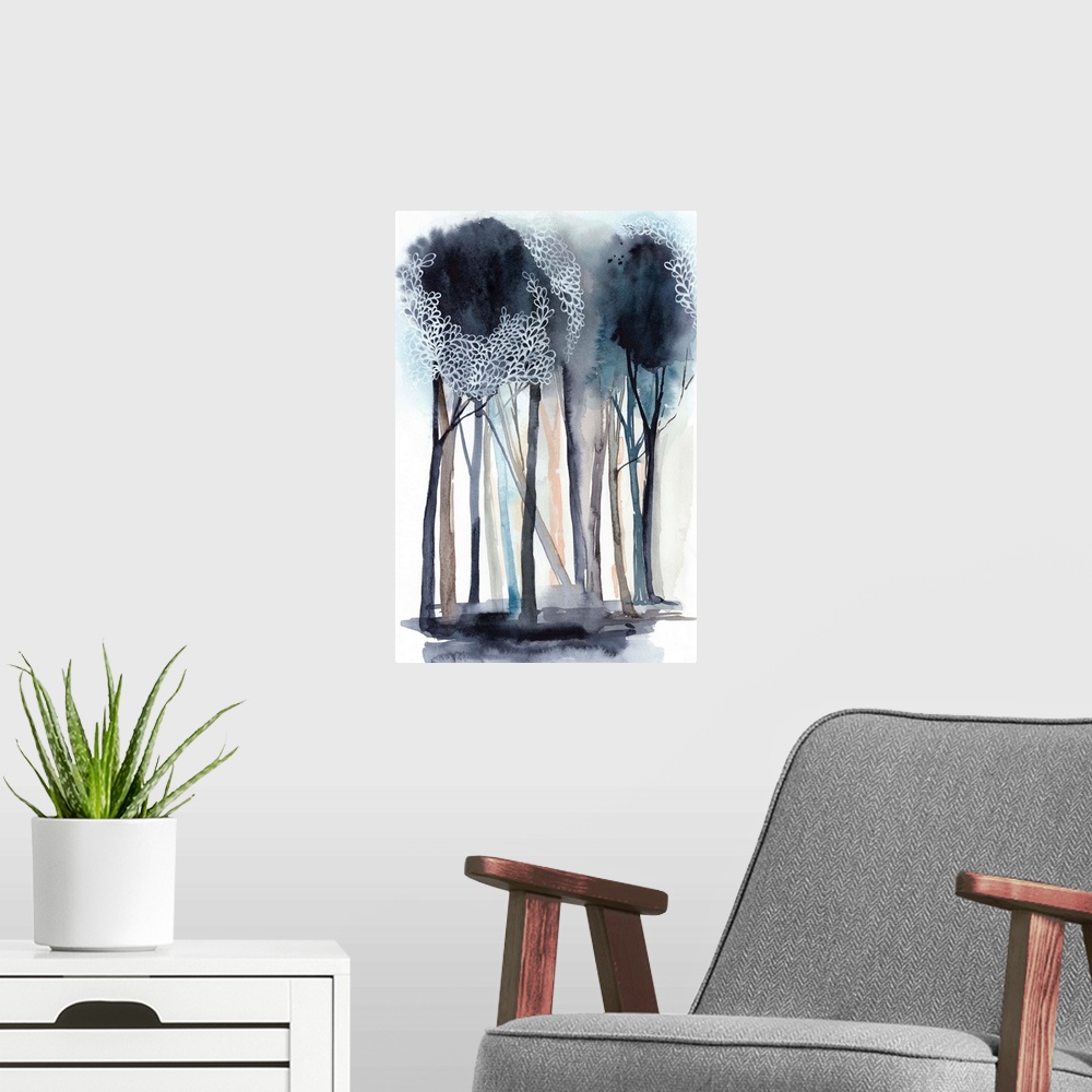 A modern room featuring Watercolor painting of a forest in shades of grey and blue.