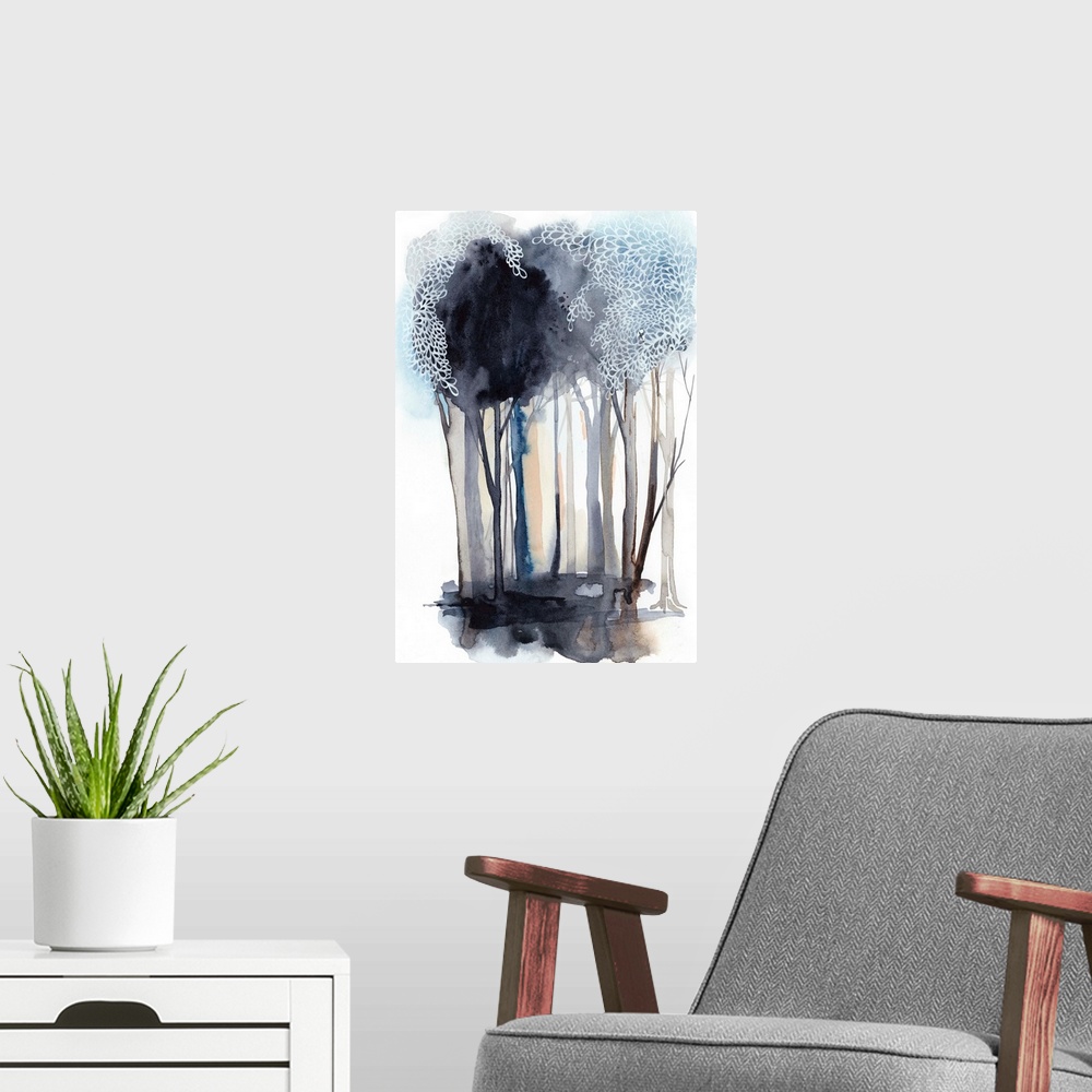A modern room featuring Watercolor painting of a forest in shades of grey and blue.