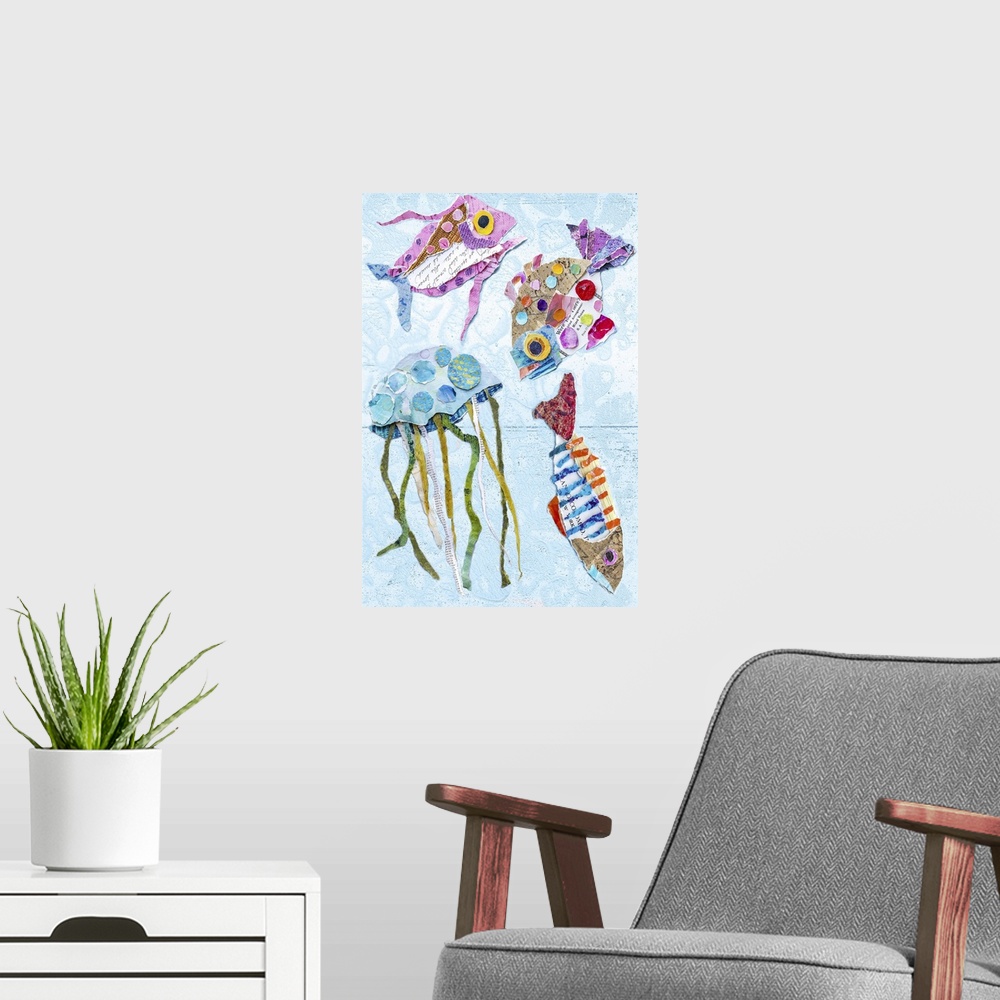 A modern room featuring Tropical Fish Collage III