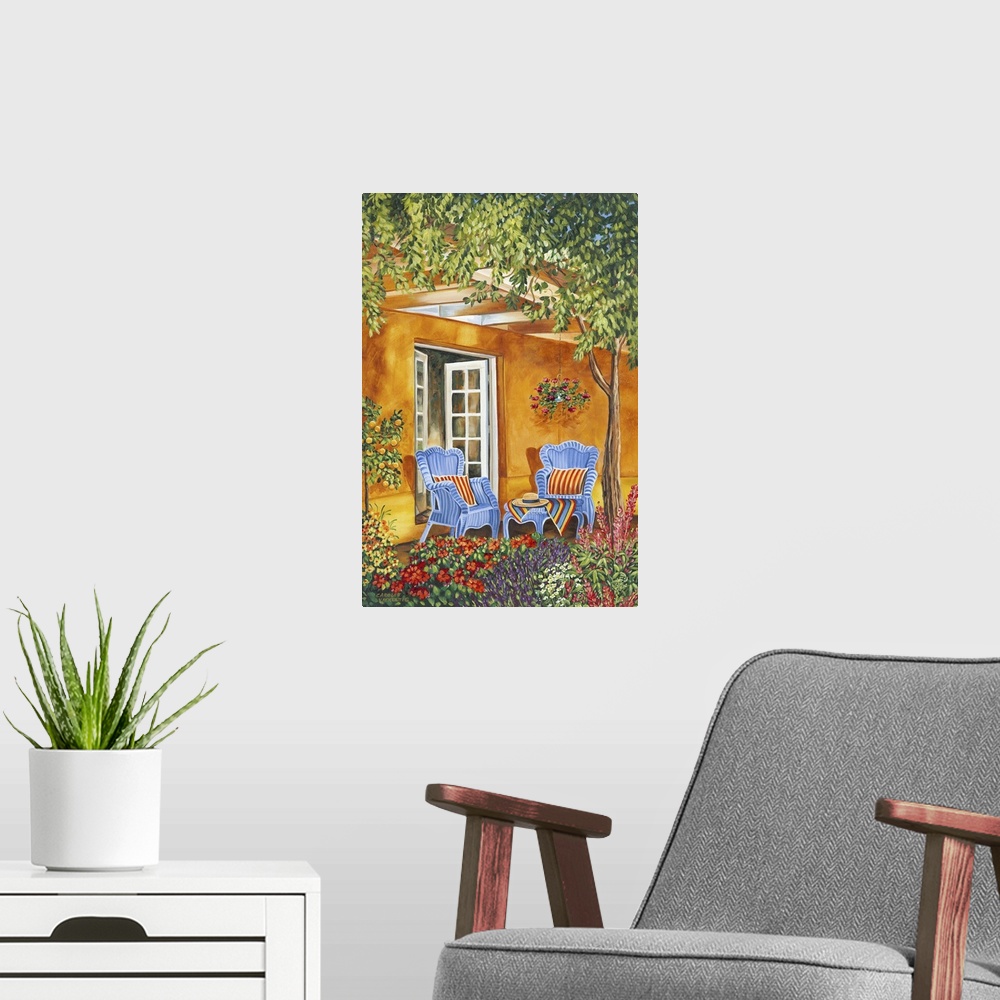 A modern room featuring Contemporary painting of a Mediterranean patio with two comfortable chairs and a shady tree.
