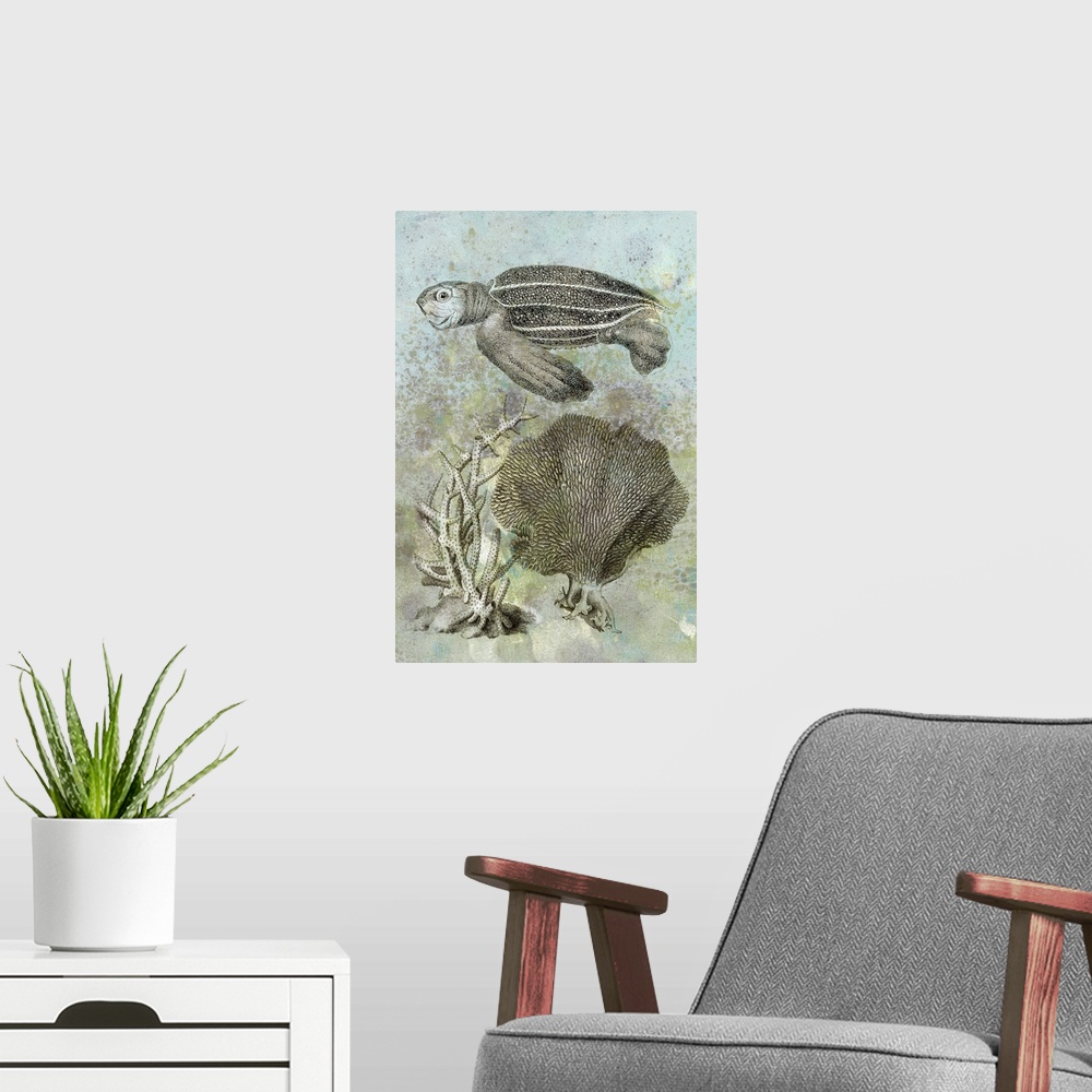A modern room featuring Contemporary artwork featuring an illustrated turtle and coral on pastel distressed background.