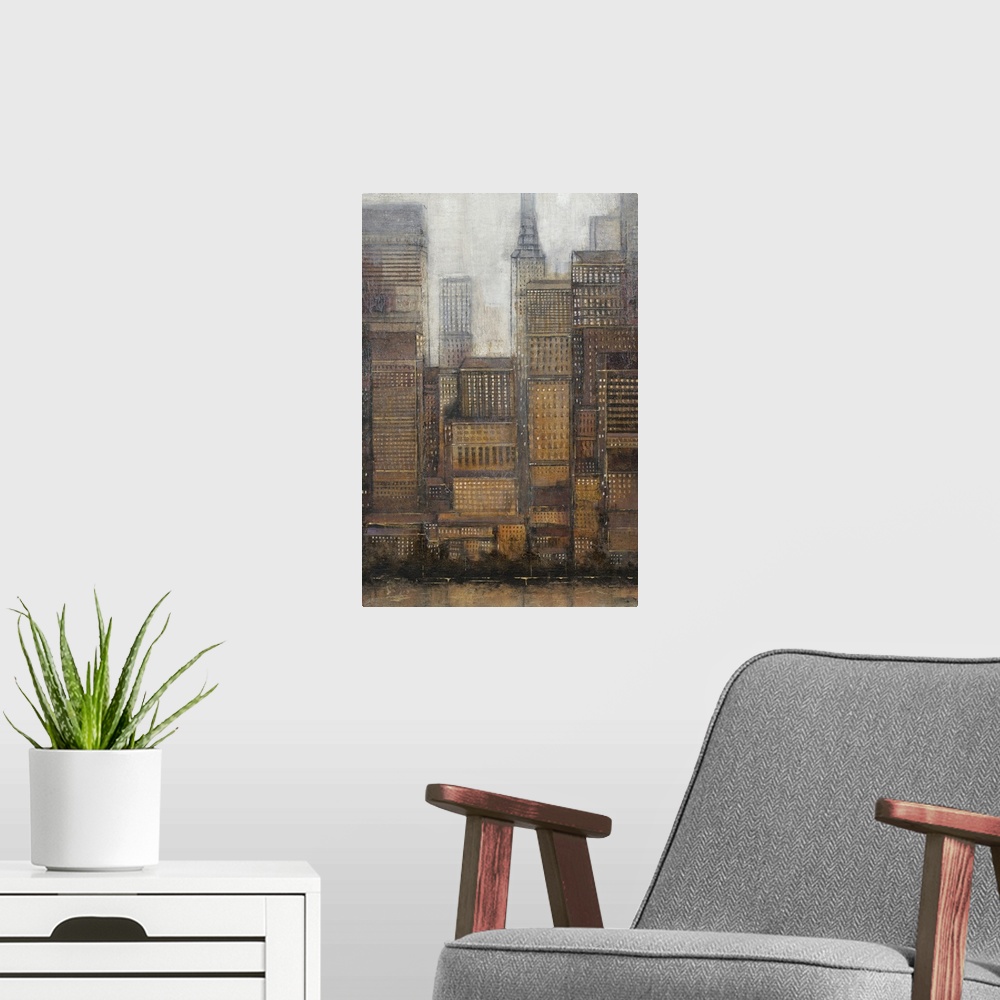 A modern room featuring Contemporary painting of tall skyscrapers in a city.
