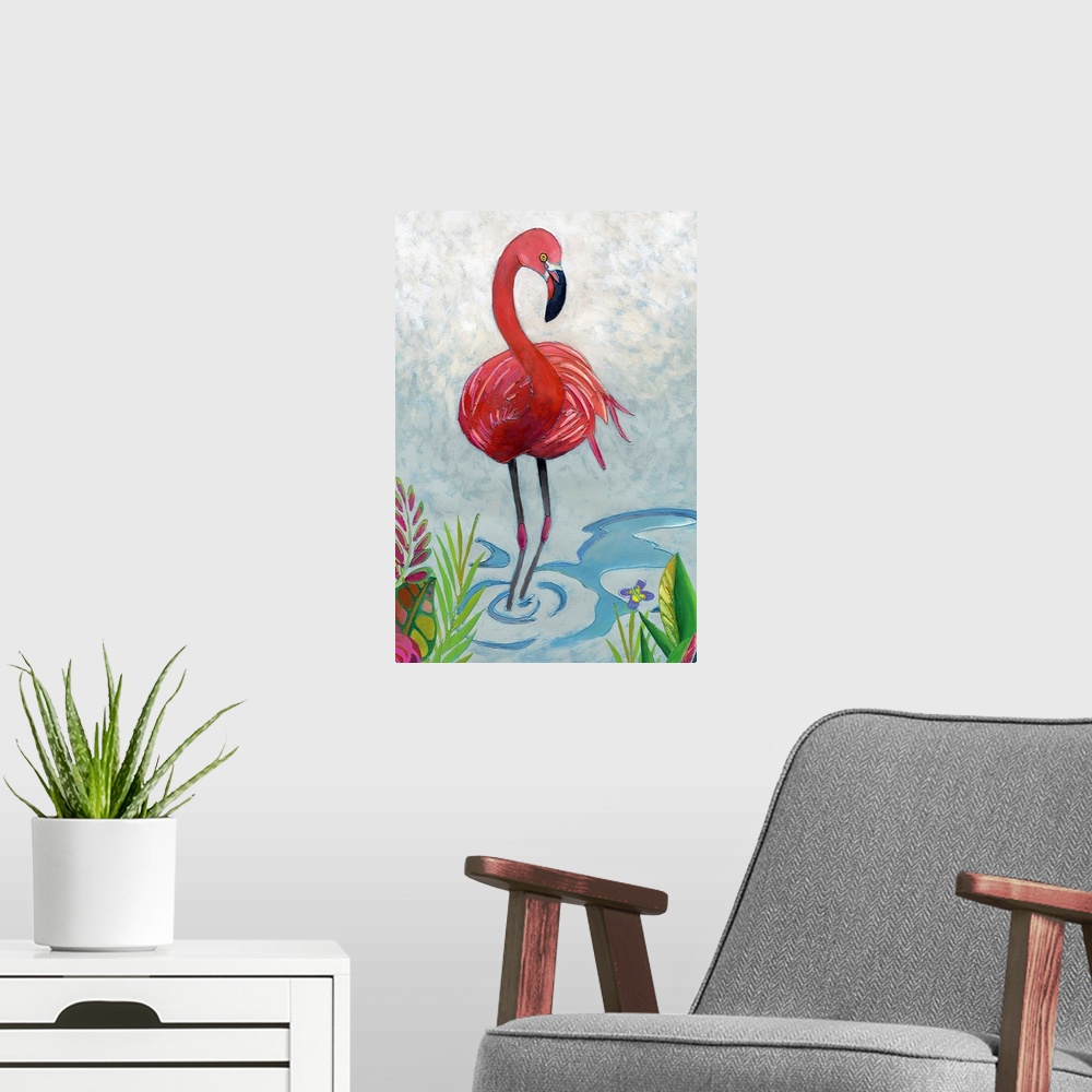 A modern room featuring Vibrant painting of a flamingo in a tropical setting with gorgeous plants and flowers.