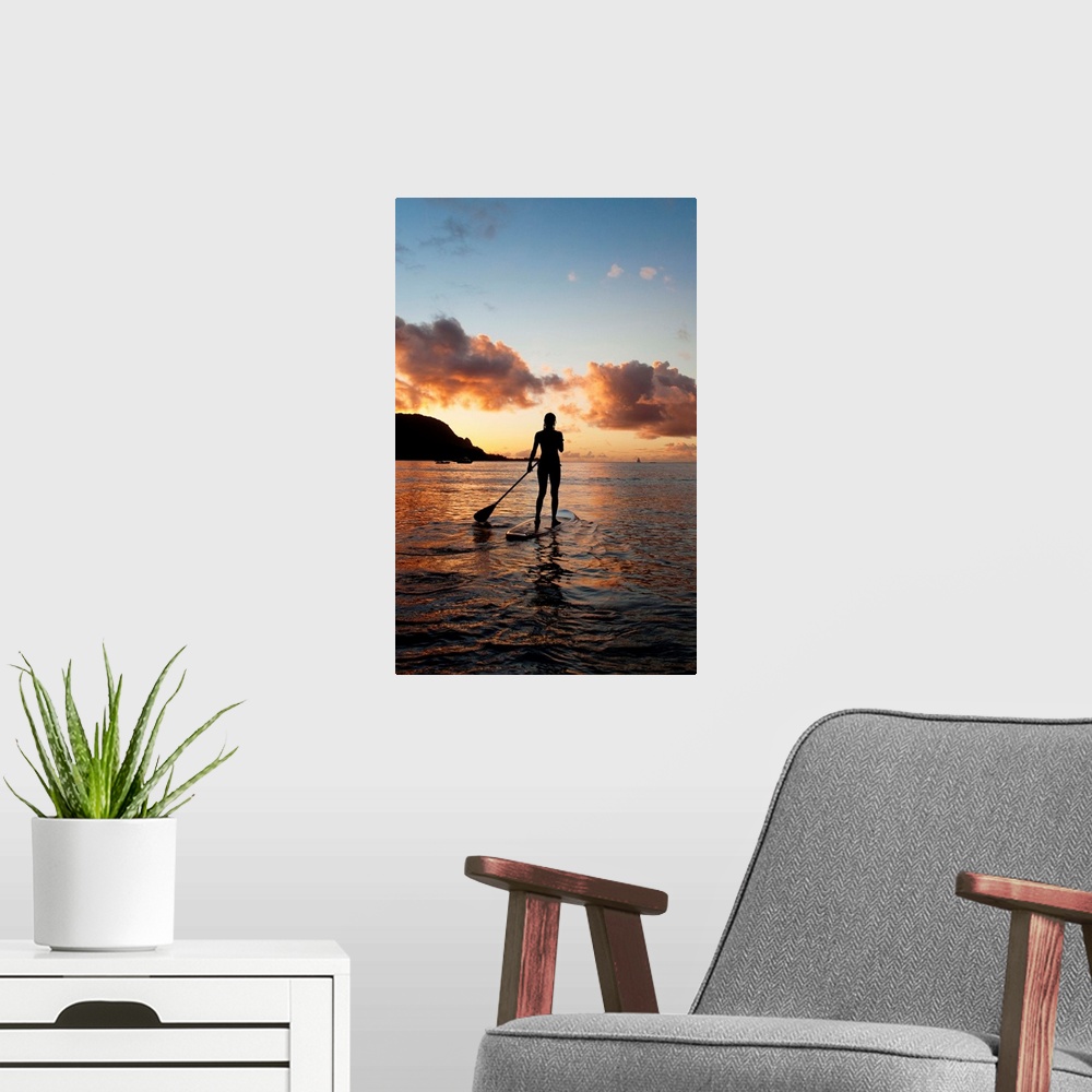 A modern room featuring Hawaii, Kauai, Woman Stand Up Paddling In Ocean, Beautiful Sunset