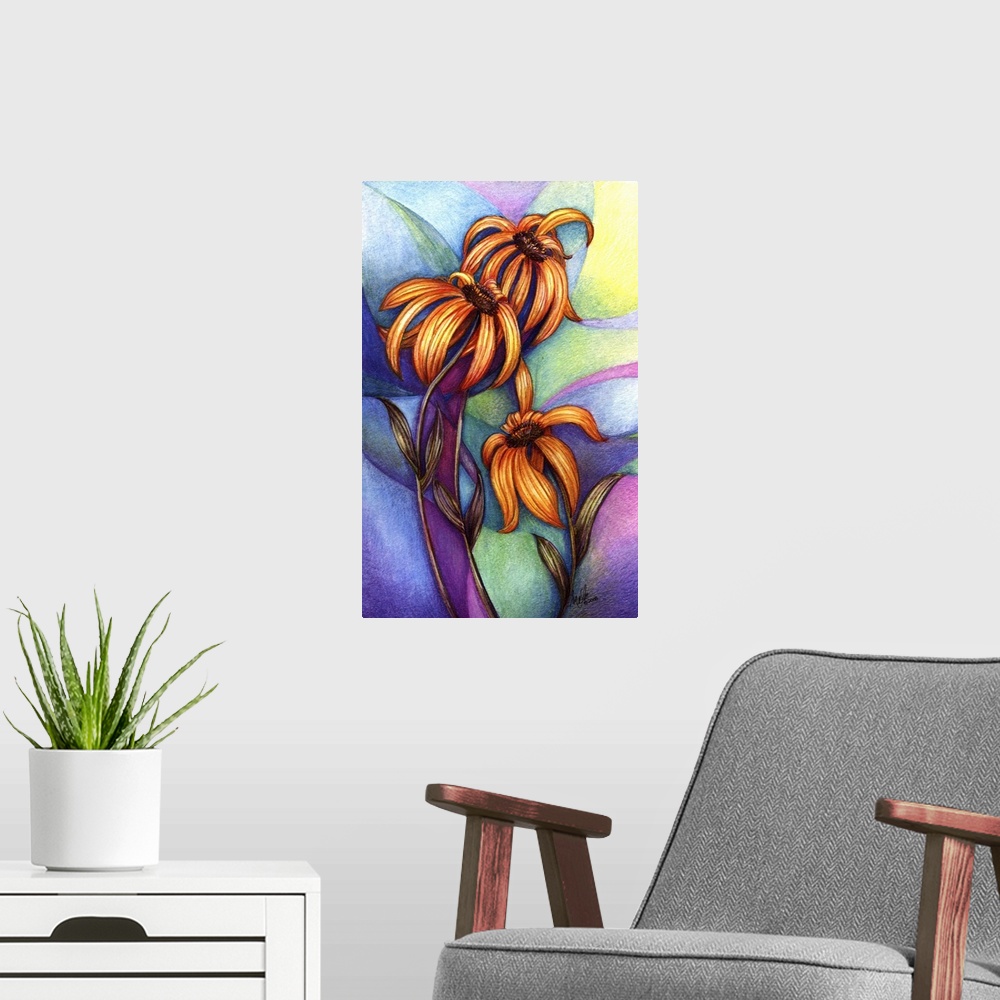 A modern room featuring Vertical modern painting of vibrant orange flowers against a color blocked scenery.
