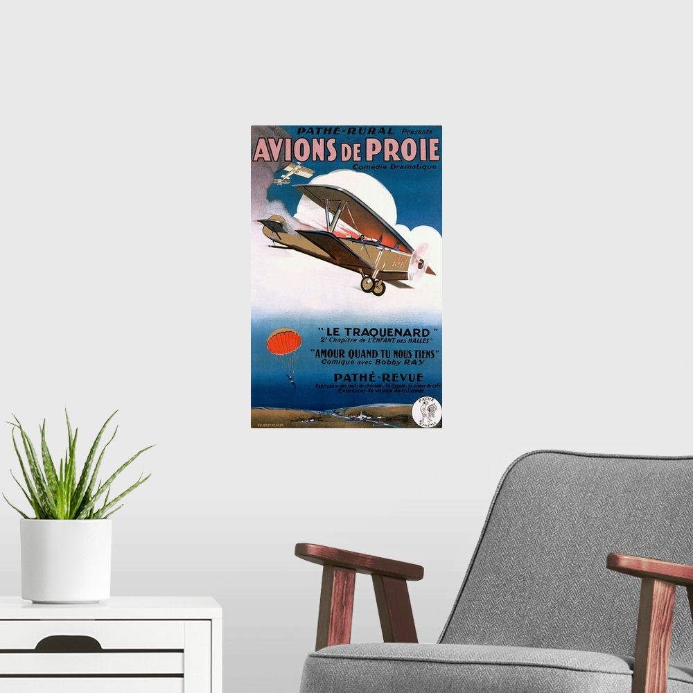 A modern room featuring Avions de Proie, Comedie Dramatique, Vintage Poster