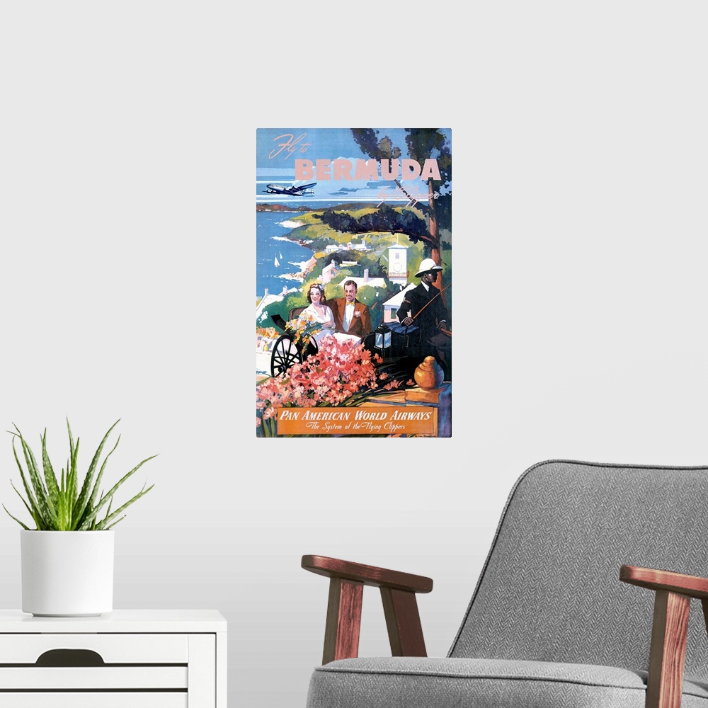 A modern room featuring Fly to Bermuda by Clipper, Pan American World Airways, Vintage Poster