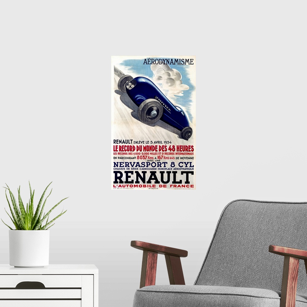 A modern room featuring Renault, Nervasport 8 Cyl, Automobile, Vintage Poster