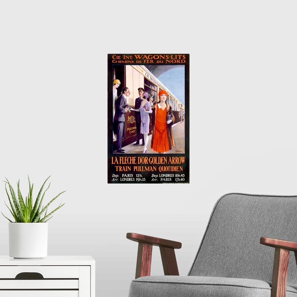 A modern room featuring Vintage poster of elegantly dressed people boarding and coming off of a passenger train.