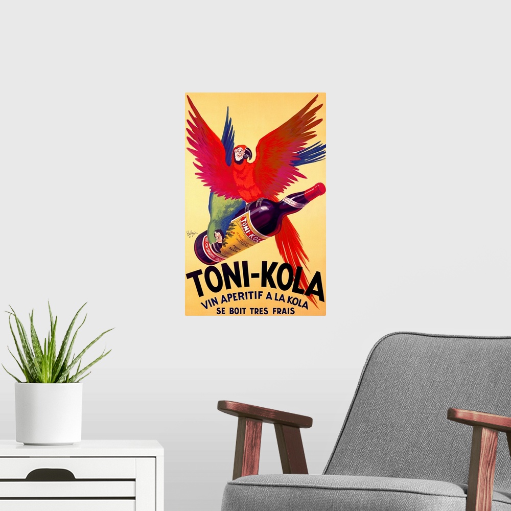 A modern room featuring Big advertising art shows a couple parrots holding on to the bottle of a beverage against an empt...