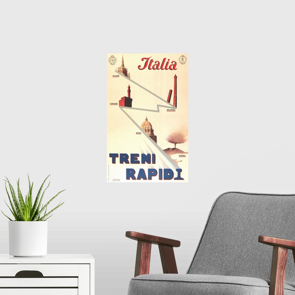 A modern room featuring Vintage poster advertisement for Italia Rapida.