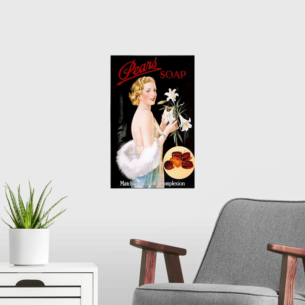 A modern room featuring a glamorous woman holding a bunch of lilies.  advertisement for soap