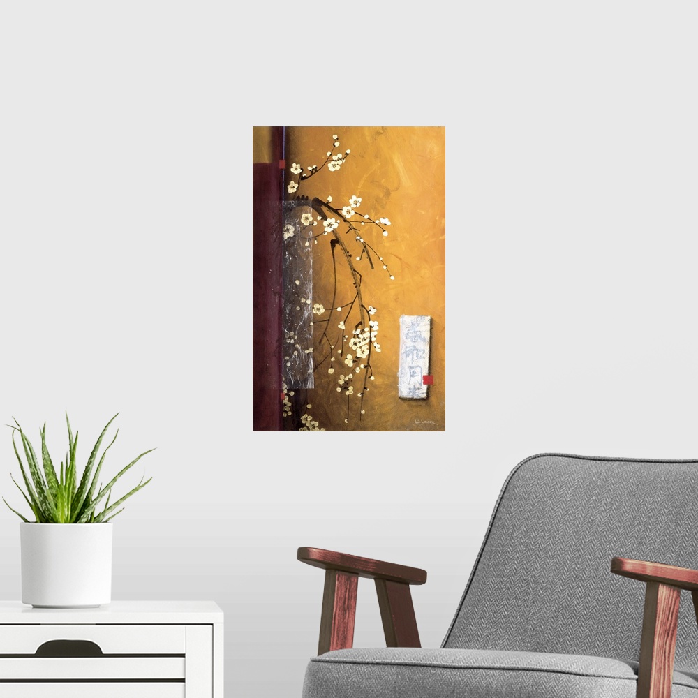 A modern room featuring A contemporary painting of white cherry blossoms bordered with a square grid design.