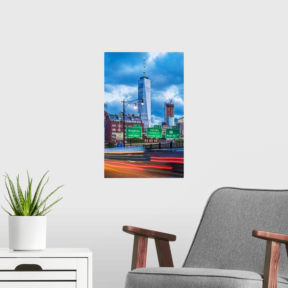 A modern room featuring New York City, Lower Manhattan, view of the Freedom Tower from Tribeca.