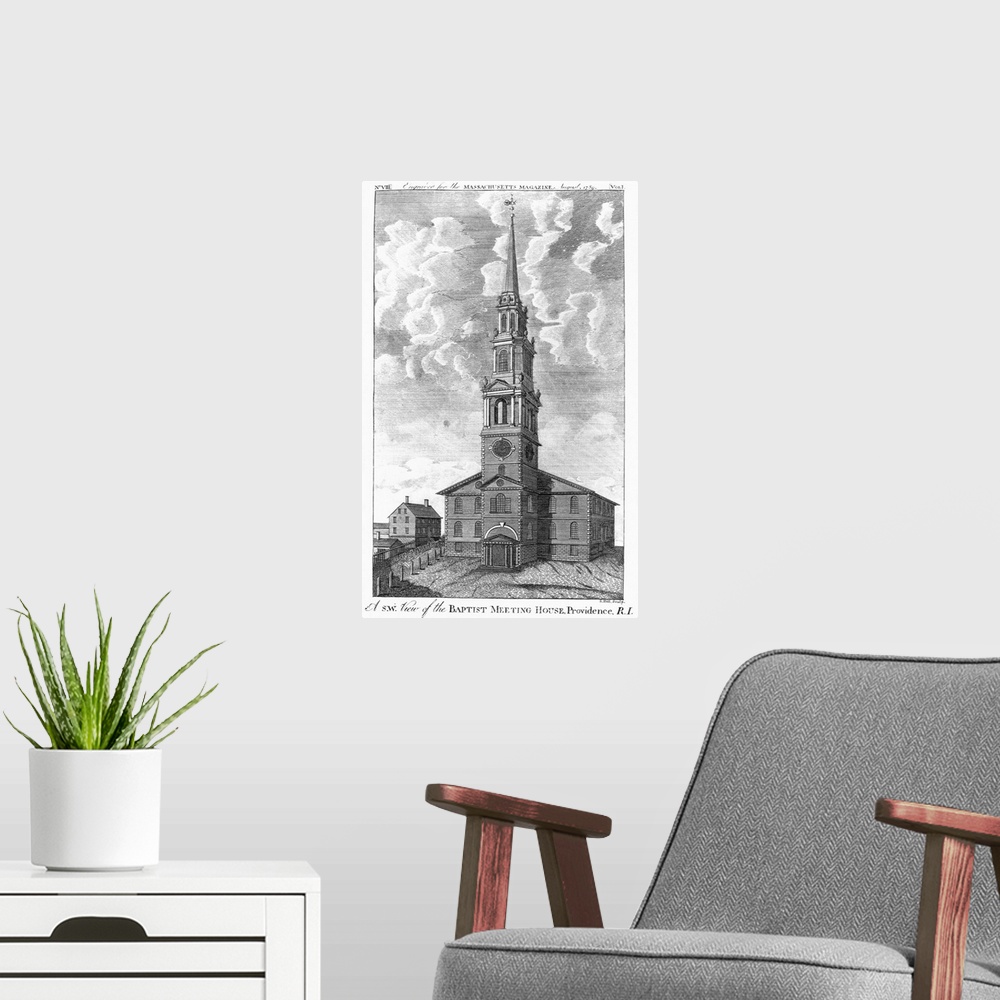 A modern room featuring A high steeple towers over the Baptist Meeting House at Providence, Rhode Island, as seen from th...