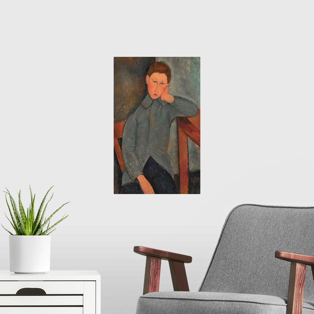 A modern room featuring Amedeo Modigliani (Italian, 18841920), The Boy, 1919, oil on canvas, 36 1/4 x 23 3/4 in., Indiana...