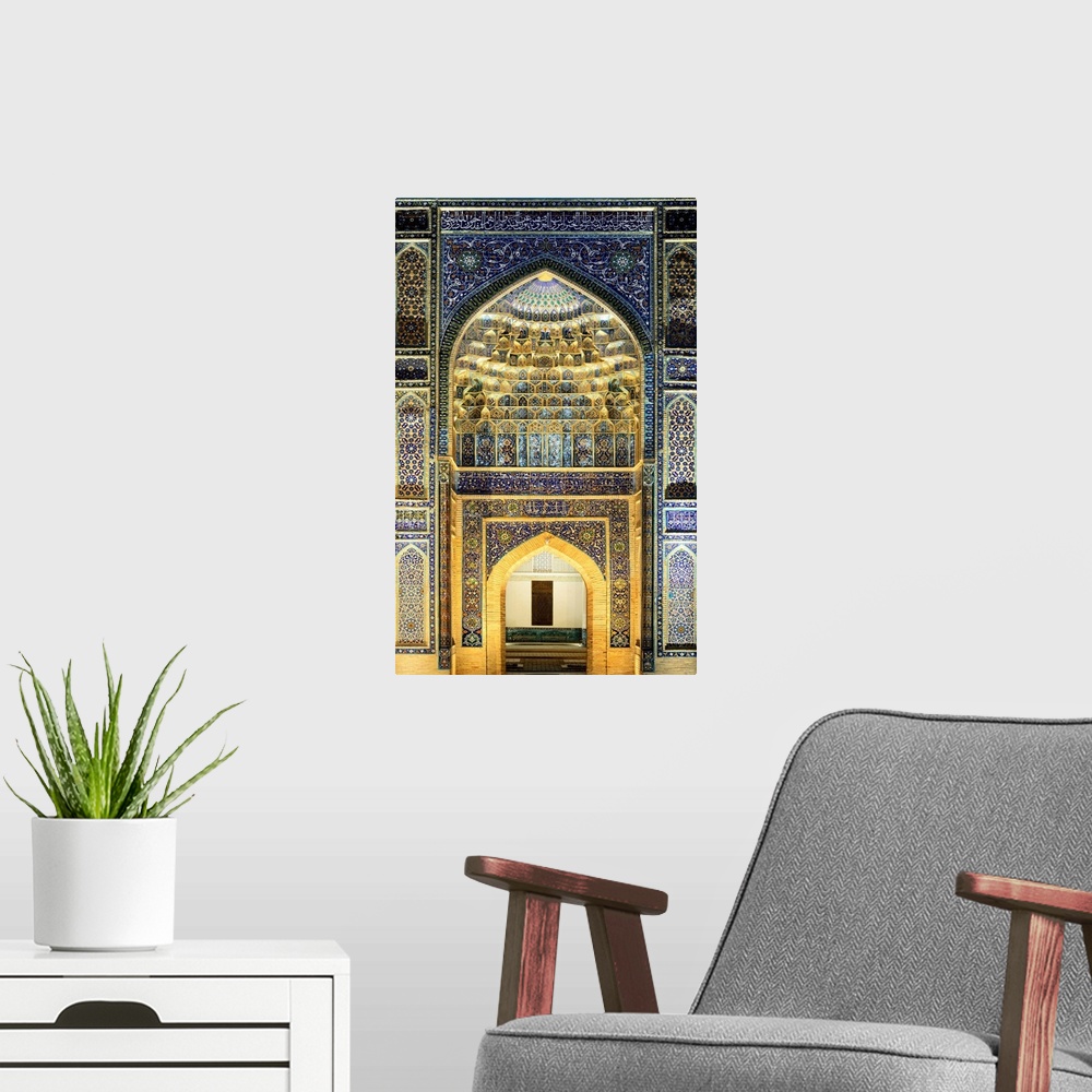 A modern room featuring Gur-e-Amir mausoleum of the Asian conqueror Timur (also known as Tamerlane, 1336-1405). It has a ...