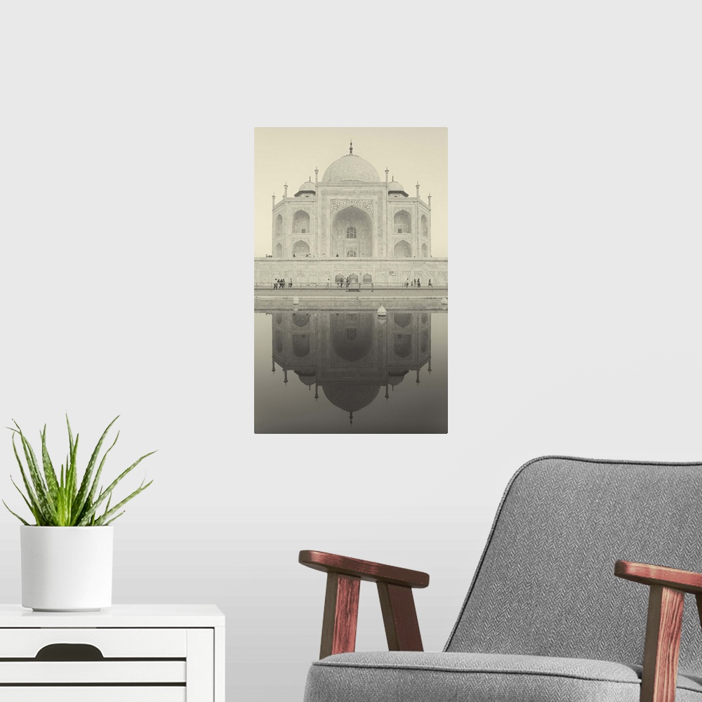 A modern room featuring India, Uttar Pradesh, Agra, black and white of the Taj Mahal reflected in one of the bathing pools