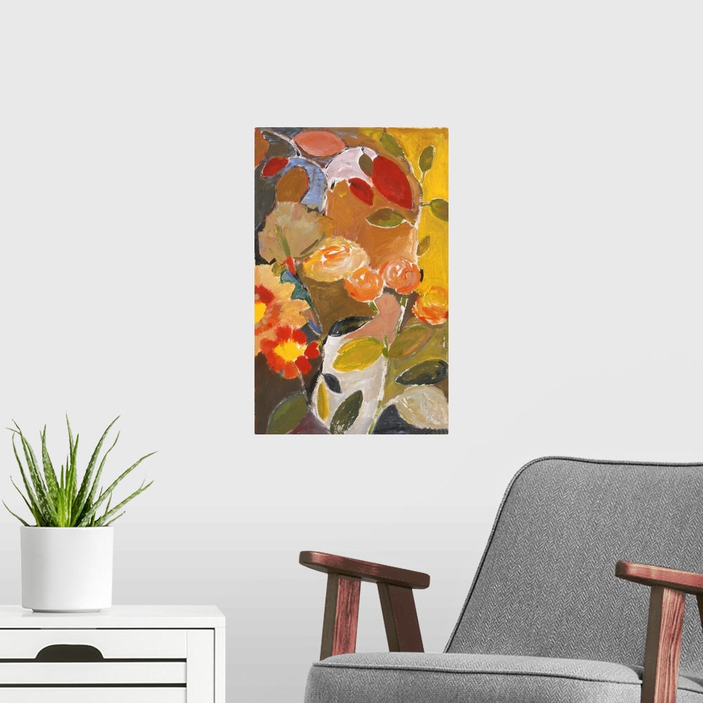 A modern room featuring Painting of large, softly-styled flowers in warm colors and green leaves against a brown background.