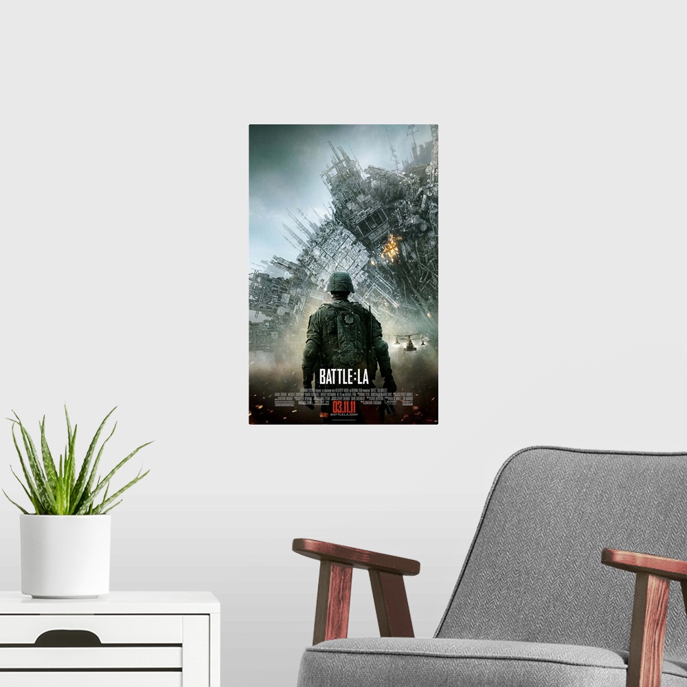 A modern room featuring Battle: Los Angeles - Movie Poster