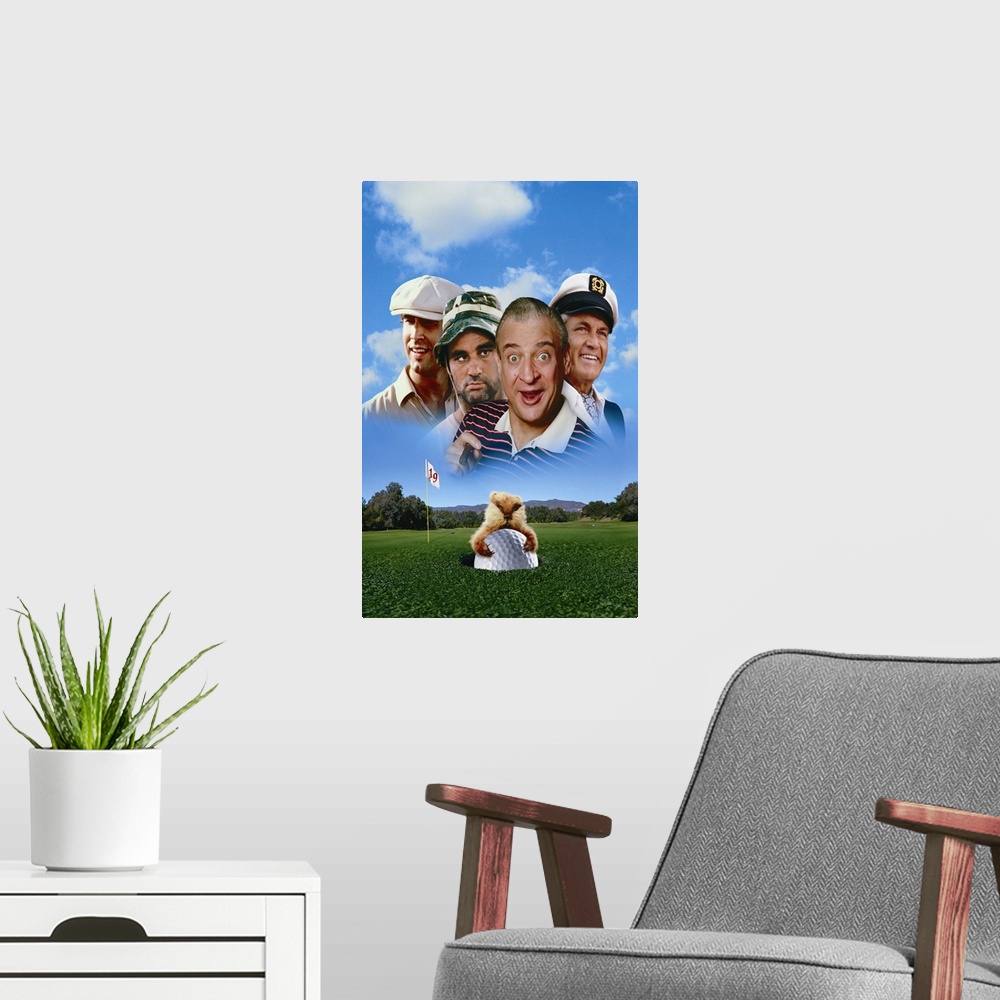 A modern room featuring Movie poster for the 1980 Hollywood movie Caddyshack with the four main stars superimposed in the...