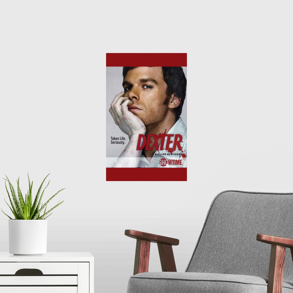 A modern room featuring During the day, Dexter Morgan is a jovial employee in the Miami Metropolitan Police Department's ...
