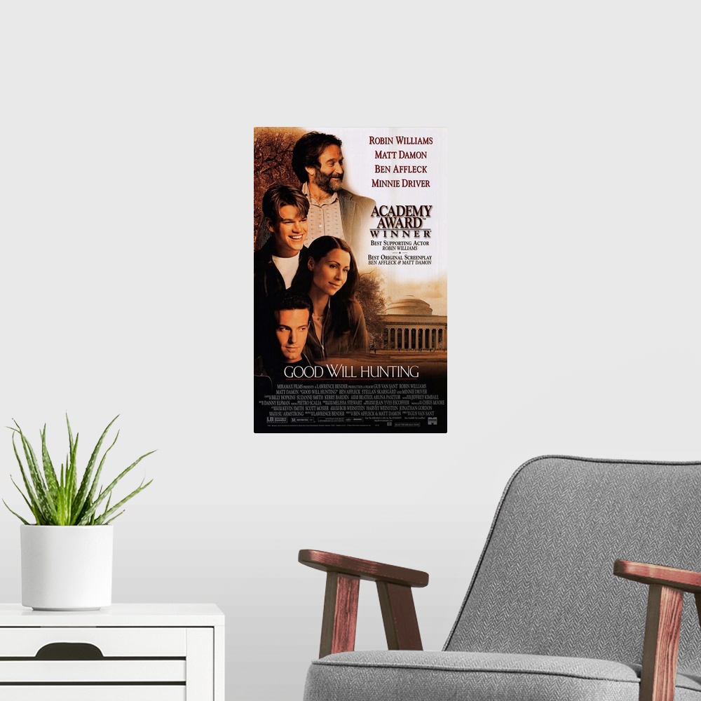 A modern room featuring The movie poster for Good Will Hunting showing all of the main characters on the left side with a...