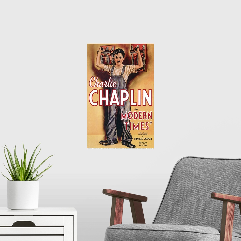 A modern room featuring This mostly silent film finds Chaplin playing a factory worker who goes crazy from his repetitiou...