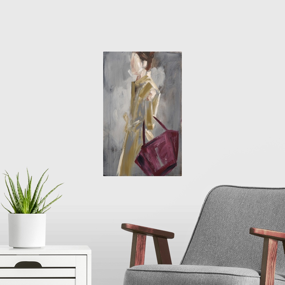 A modern room featuring Contemporary artwork of a fashionable woman holding a red handbag.