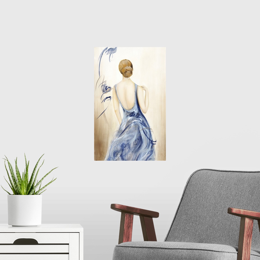 A modern room featuring Large painting of a woman in a blue dress with her back towards the viewer.