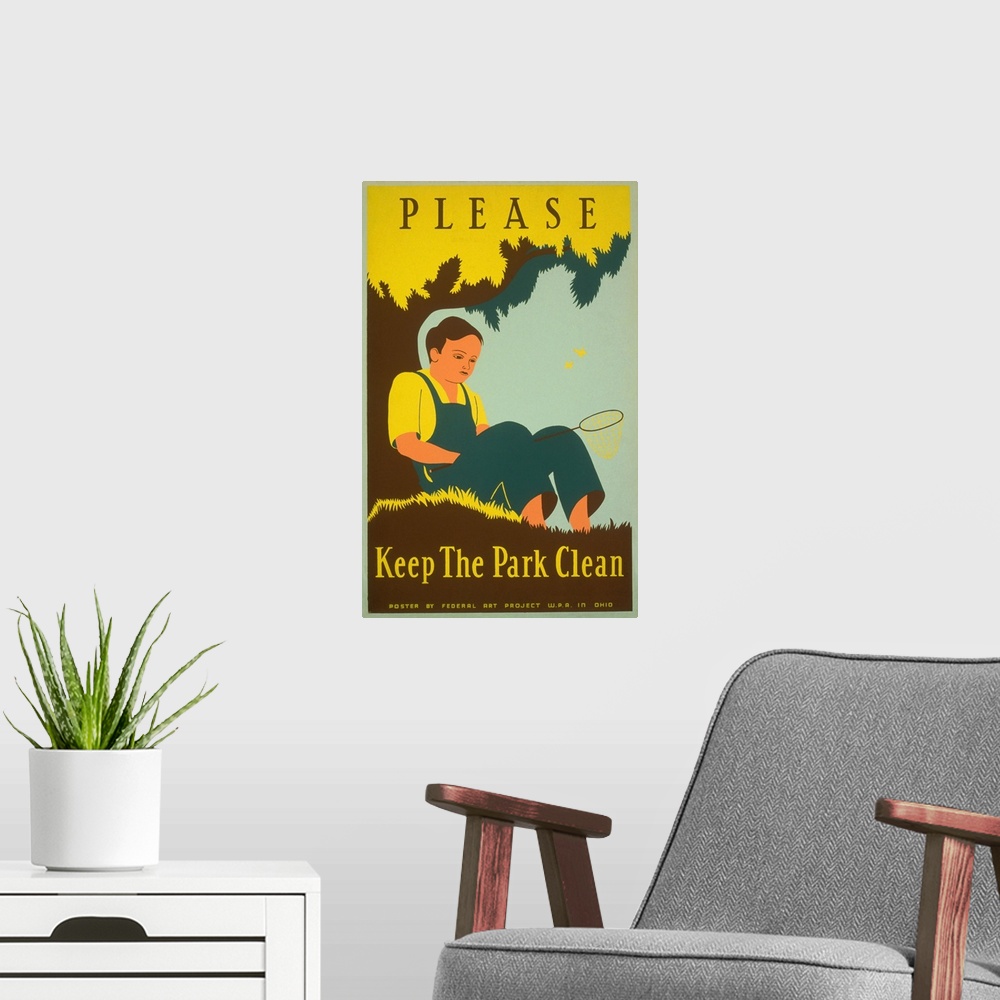 A modern room featuring Please keep the park clean. Poster encouraging conservation of a natural resource area, showing a...