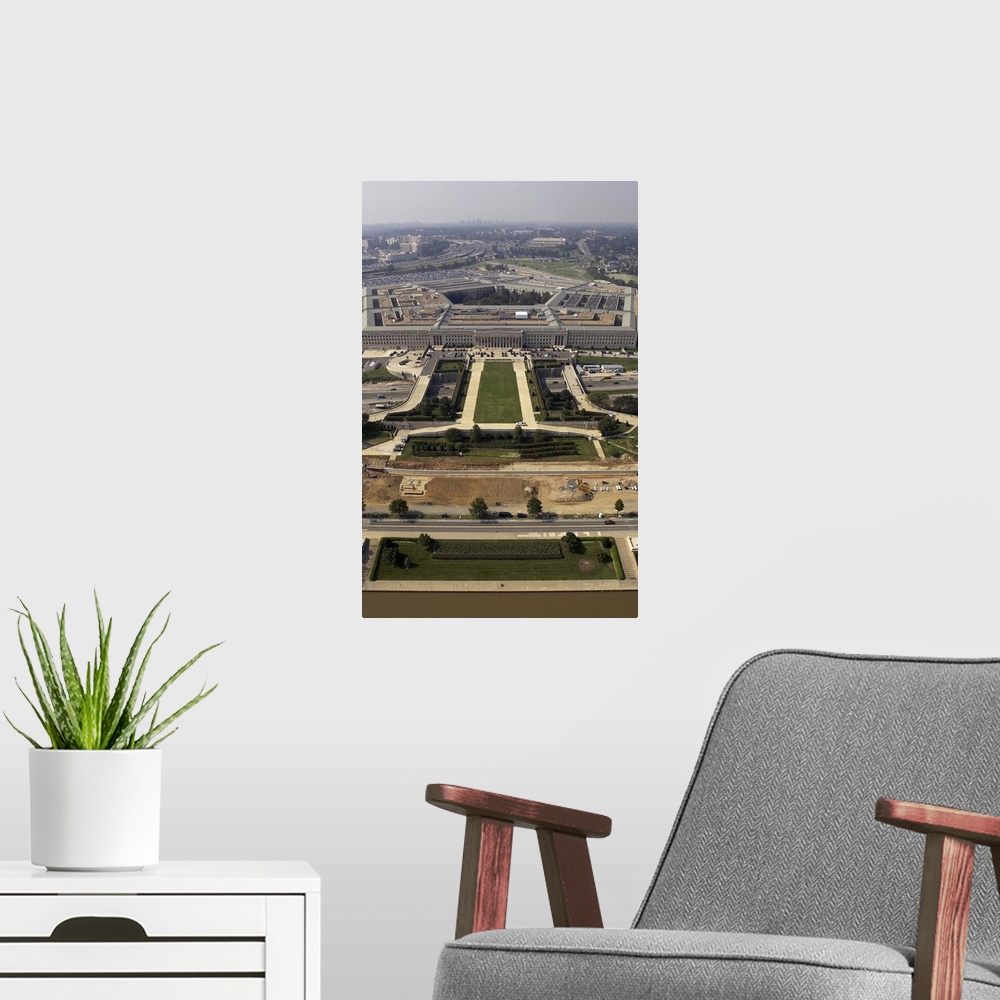 A modern room featuring Aerial photograph of the Pentagon with the River Parade Field in Arlington Virginia