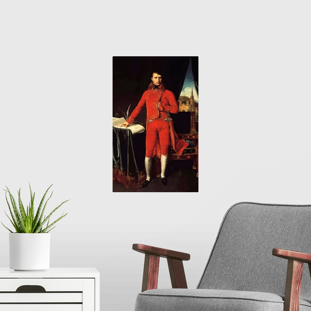 A modern room featuring Vintage French history painting of Napoleon Bonaparte as 1st consul.