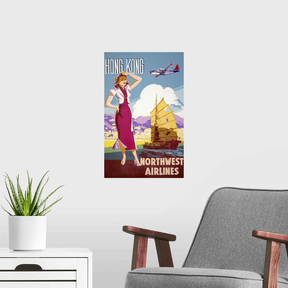 A modern room featuring Vintage Northwest Airlines Advertising Poster For Flights To Hong Kong, 1950
