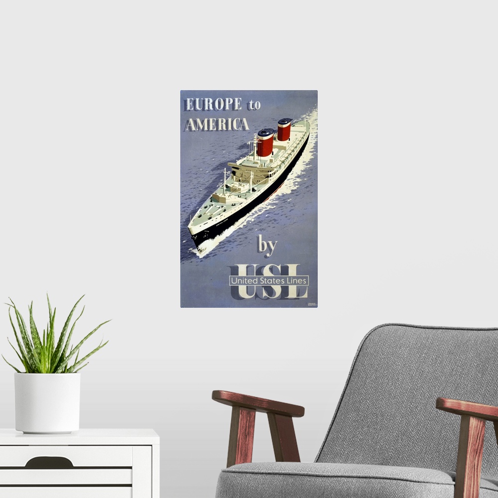 A modern room featuring Vintage Travel Poster At Sea, Europe To America By United States Lines, 1955