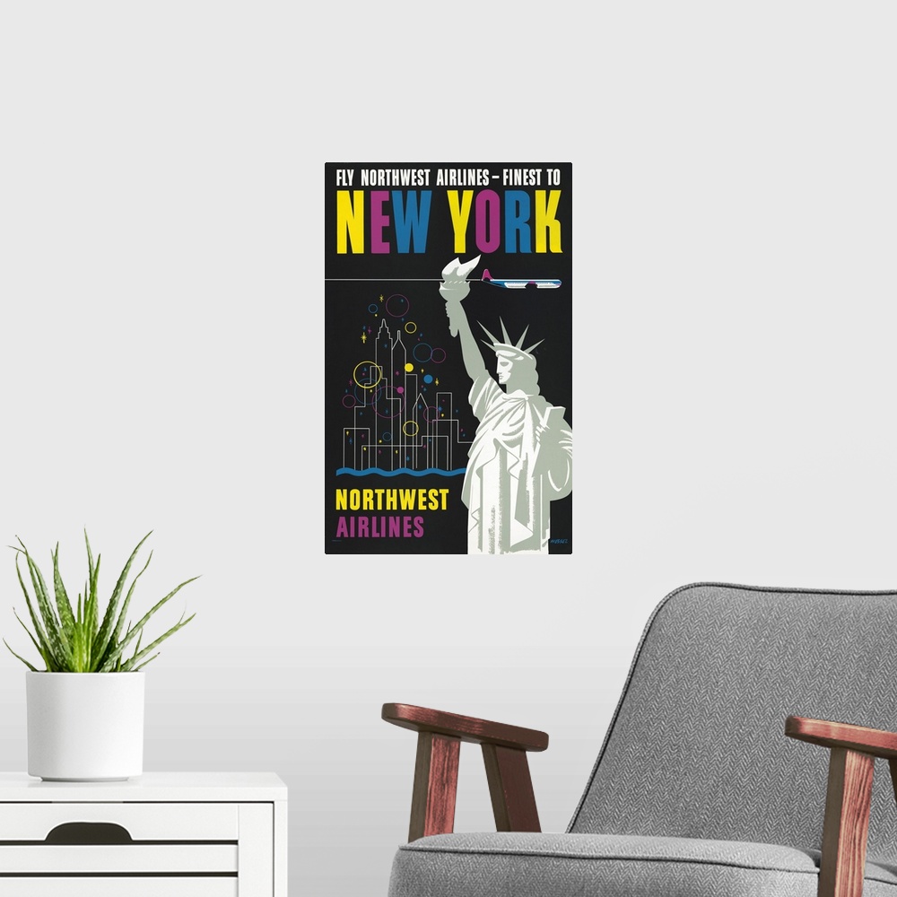 A modern room featuring Vintage Travel Poster For Flying Northwest Airlines To New York, Of Statue Of Liberty