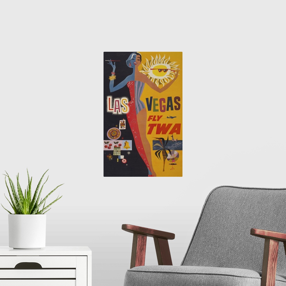 A modern room featuring Vintage Travel Poster For Flying TWA To Las Vegas, Of Graphics Of Gambling, 1960