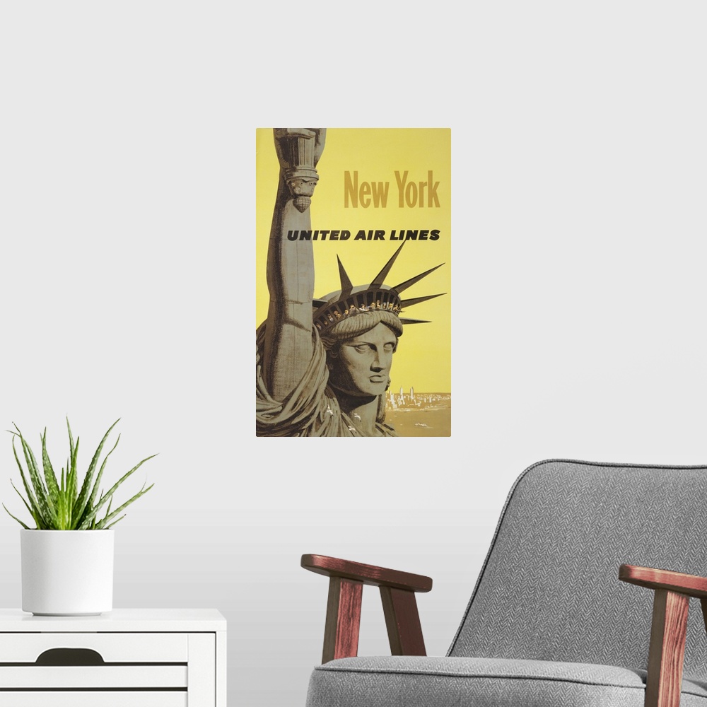 A modern room featuring Vintage travel poster for New York, United Air Lines, of people peering out the crown of the Stat...
