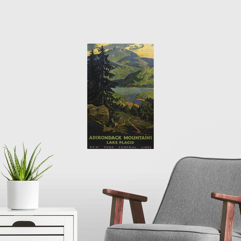 A modern room featuring Vintage travel poster for the Adirondack Mountains, of a view of Lake Placid with stag in the for...