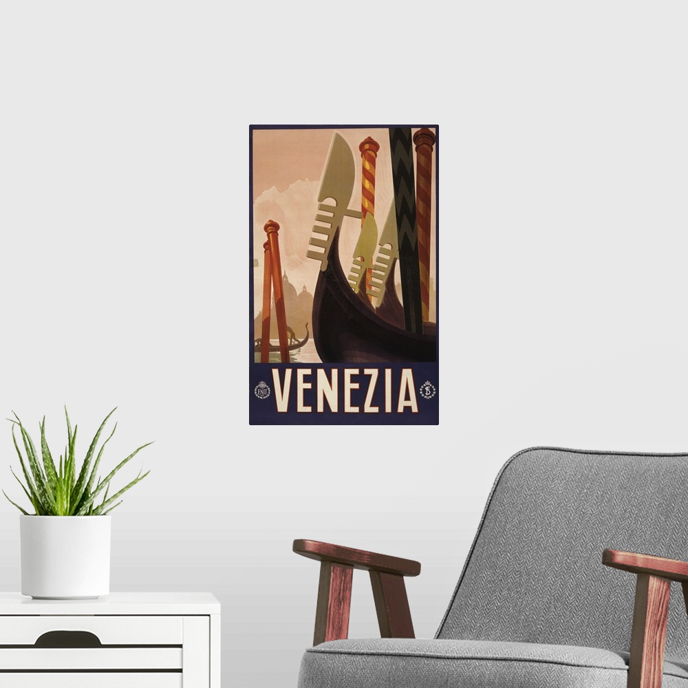 A modern room featuring Vintage Travel Poster Of The Decorative Prows Of Gondolas On A Canal In Venice, 1920