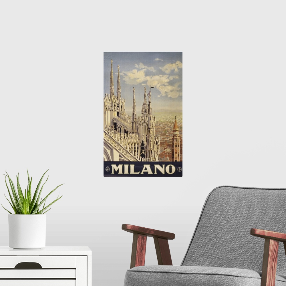 A modern room featuring Vintage Travel Poster Of The Roof And Spires Of A Cathedral In Milan, Italy, 1920